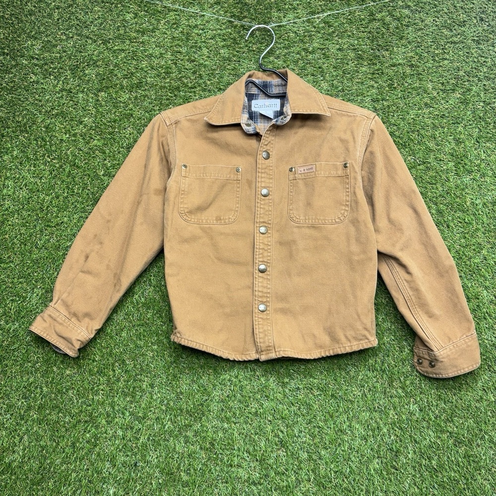 Carhartt Flannel Lined Shirt Youth Small Kids Khaki Canvas Workwear Outdoor